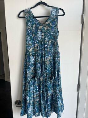 Sleeveless Teal Botanical Midi Dress